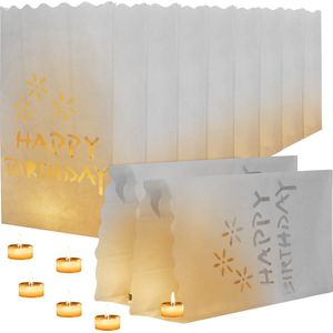 Kurtzy Wit Papieren Kaarsen Zakken (10 Pak) – Vuur Werend Oplichtende Lantaarns – Happy Birthday Feest Ontwerp voor Kaarsen en LED/Vlamloze Thee Lichten – Binnen en Buiten Decoratie