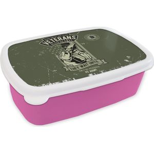 Broodtrommel Roze - Lunchbox - Brooddoos - Vintage - Leger - Vlag - 18x12x6 cm - Kinderen - Meisje