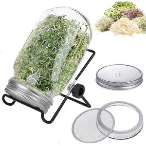 Sproeiglas, kiemglas, Sprouting Jar set, complete set kiemglazen met standaard, 900 ml kiemglas voor sporten, gratis afsluitdeksel, vegan, hij eenvoudig thuis sporten trekken