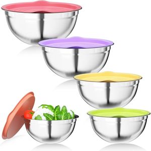 Saladekom set van 5, Mengkommen gemaakt van roestvrij staal met luchtdichte deksel, 4.5 L / 3.5 L / 2.5 L / 2 L / 1.4 L Kitchenaid kommen zijn stapelbaar en vaatwasmachinebestendig, voor mengen en serveren.