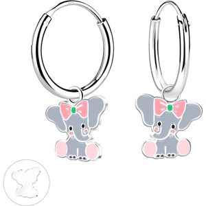 Joy|S - Zilveren olifant bedel oorbellen - grijs met roze voetjes en strikje - oorringen - kinderoorbellen