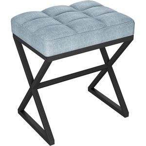 Make-upkruk, voetenbank, linnen kruk, make-up dressing-kruk met X-vormige metalen poten, voor ijdelheid, woonkamer, slaapkamer, entree, hal, 40 x 30 x 46 cm, blauw grijs