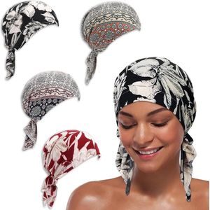 Women Chemotherapy Headwear Pieces - Turban Beanie Pre-Tied Headscarves - Floral Pattern - Hair Loss Headwear - 4pcs Pack