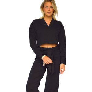 Zwarte dames kledingset met hoge taille broek - Flared - Dames kleding - High waist - Crop top - zwart - S