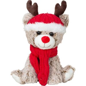 Pluche rendier knuffel - 25 cm - met rode muts en sjaal - knuffeldier