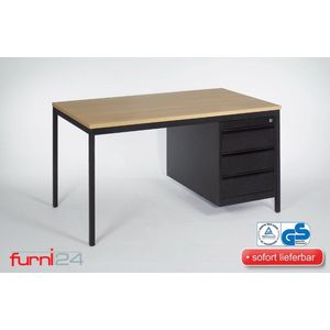 Furni24 Bureau, computertafel, werktafel, tafel incl. onderbak met 3 laden, 160 cm x 80 cm x 75 cm, zwart RAL 9005 / beuken decor