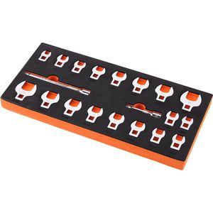Moersleutelset, 20-delig 0.9cm aandrijving met 2 verlengstukken en EVA-houder, SAE 0.9cm-2cm en metrisch 10-22 mm, 40CR staal met verchroomde afwerking