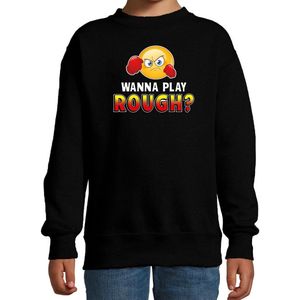 Funny emoticon sweater Wanna play rough zwart voor kids - Fun / cadeau trui 98/104