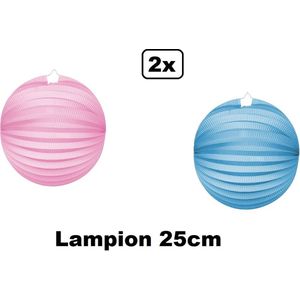 2x Lampion baby roze en baby blauw 25cm - festival thema feest tropical verjaardag party papier BBQ strand licht fun