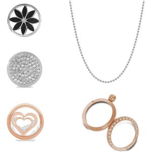 Silventi 8SL-SET0125 LOCKits set met Ketting - 5-delig - Munten - 20 mm Doorsnee - Hanger - Zirkonia - Bolletjesketting - 60 cm - Rosegoudkleurig