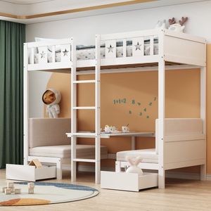 Sweiko Kinderbed, Stapelbed 200x90 cm, bed/bureau twee in één, Zelfinstallerend, met Twee grote lades, bedframe met ladder, houten bed, wieg, Wit (Geen matras)