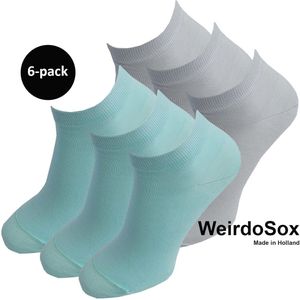 WeirdoSox Bamboe naadloze sneaker sokken CoolGrey / Mintgroen - Anti zweet - Anti bacterieel - Dames en heren - 6 Paar - Maat 35/38
