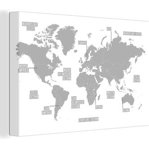 Canvas Wereldkaart - 60x40 - Wanddecoratie Licht grijze wereldkaart - zwart wit