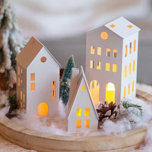 Mini-lichthuis kandelaar voor Kerstmis, kaarsenstandaard lantaarn met led-kaarsen, decoratief theelichthuis, metalen windlichtset van 3 voor vensterbank, mantel, open haard, wit
