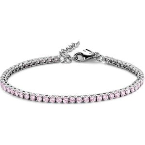 New Bling 9NB-1219 Zilveren Tennisarmband met Zirkonia Steentjes 3mm - Roze - 16,5+3cm - Rhodium - Zilver