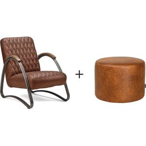 Bronx71® Industriële fauteuil Ivy en poef Kyla eco-leer cognac