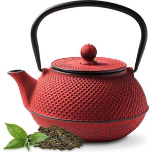 Tealøv THEEPOT GIETIJZER 800 ml | GIETIJZEREN THEEPOT Arare in Japanse Stijl | Met Uitneembare Roestvrijstalen Theezeef | Binnenzijde Volledig Geëmailleerd | Arare Japans Rood