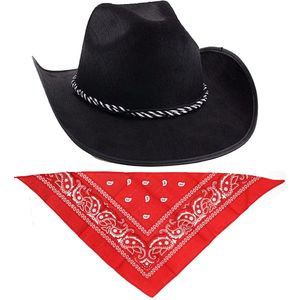 Funny Fashion - Carnaval verkleed set cowboyhoed zwart met rode hals zakdoek