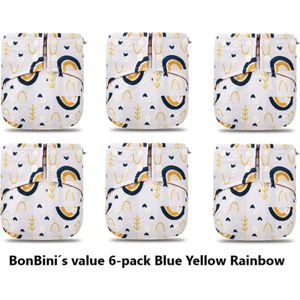 BonBini's luiers - wasbare luiers 6-pack Blue Yellow Rainbow 3-15 kg - luierbroekje - dubbele antilek preventie - drukknoopjes  en verstelbaar maat S, M, L maat 1 t/m 5NEW 6 pack