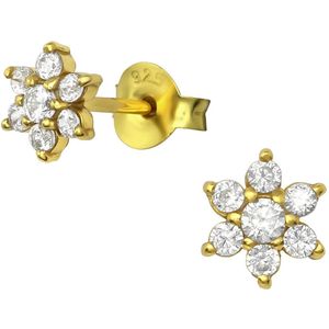 Joy|S - Zilveren classic bloem oorbellen - 6.5 mm - zirkonia - gold plated