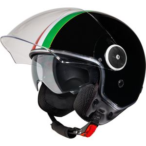 VINZ Neiva Jethelm met dubbel vizier / Scooterhelm / Helm met Italiaanse vlag / Snorfiets Helm Snorscooter - Zwart