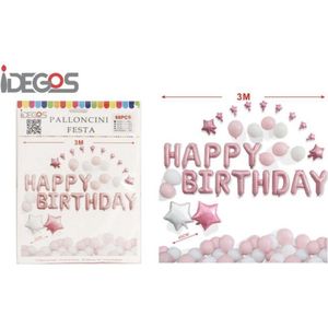 IDEGOS Ballonnen set - 60 stuks - Happy Birthday ballonnen - Licht Roze - Folieballon - Sterren ballonnen - Ronde Ballonnen - Feestversiering decoratie - Kinderfeestje - Verjaardag - Tekst