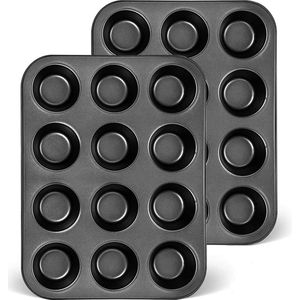 Set van 2 muffinvormen, muffinbakplaat, 12 muffinplaten, koolstofstalen muffinbakplaat, bakplaat met antiaanbaklaag, 35 x 26 x 3,5 cm