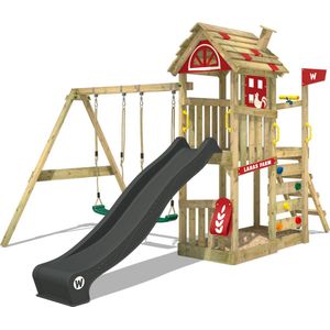 WICKEY speeltoestel klimtoestel FarmFlyer met schommel, rood zeil & antracietkleurige glijbaan, outdoor klimtoren voor kinderen met zandbak, ladder & speelaccessoires voor de tuin