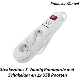 2-Stuks Stekkerdoos 3-Voudig Randaarde met Schakelaar en 2x USB Poorten