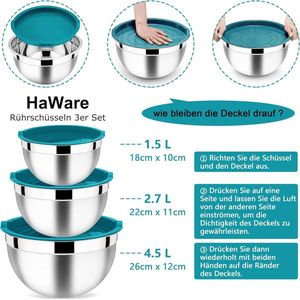 Roerkom, roestvrijstalen kom, slakom 3-delige set met luchtdicht deksel, perfect voor bakken, koken, bereiden, stapelbaar en vaatwasmachinebestendig, 4,5 l, 2,7 l, 1,5 l, blauw