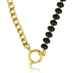 My Bendel - Unieke gouden ketting met Onyx edelstenen - Prachtige ketting met een unieke combinatie van edelstaal en Onyx edelstenen - Met luxe cadeauverpakking