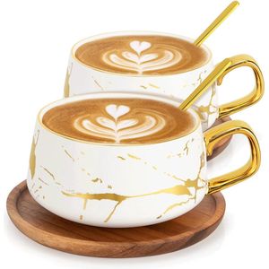 Set van 2 espressokopjes, 300 ml cappuccinokopjes, marmeren koffiekopjes met schotel, porselein, 2 kopjes, 2 schoteltjes, 2 lepels, wit