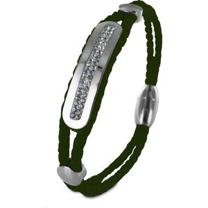 Silventi 980101649 Stalen armband - Gevlochten - Zirkonia - Leer - Donker groen