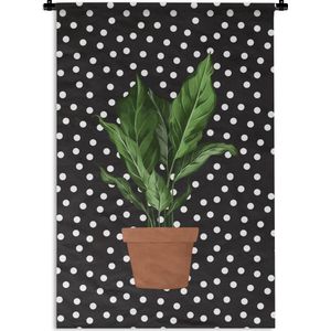 Wandkleed PlantenKerst illustraties - Illustratie van een plant met weelderige bladeren op een zwarte achtergrond met witte stippen Wandkleed katoen 60x90 cm - Wandtapijt met foto