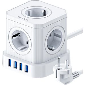 Stekkerdoos 9-in-1 met USB overspanningsbeveiliging schakelaar 5-stopcontacten 4-USB-poorten Wit
