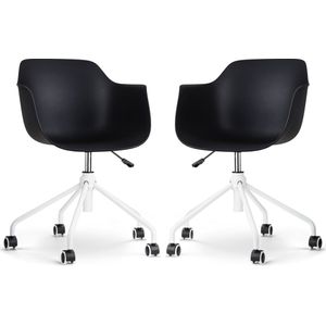 Nolon Nout-Puk Bureaustoelen Set van 2 Zwart - met Armleuning - Kunststof Zitting - Verstelbaar - Wieltjes - Wit Onderstel
