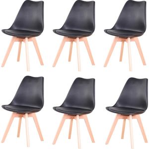 Betaalbare Goederen® Eetkamerstoel - Set van 6 - Zwart- Gewatteerde Zitting - Beukenhout Benen - Eetkamerstoelen - Eetkamerstoelen Set Van 6