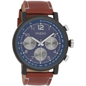 OOZOO Timepieces - Zwarte horloge met bruine leren band - C9456