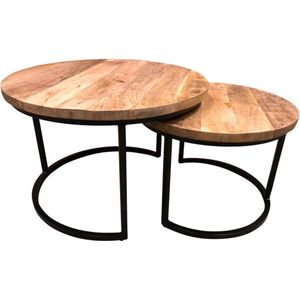 Meubelplaats salontafel Industrieel Lenny Set van 2 mangohout - 52x41 & 41x33 cm - bijzettafel set - mangohout & metaal