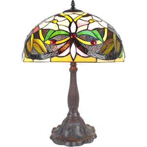 LumiLamp Tiffany Tafellamp Ø 41x58 cm Beige Groen Kunststof Glas Bloemen Tiffany Bureaulamp