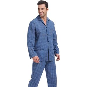 Tweedelige katoenen pyjama voor heren, nachtkleding, huispak, lange mouwen, bovendeel met zakken, pyjamabroek met trekkoord