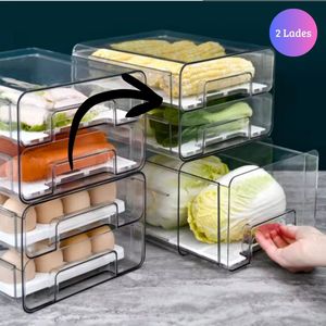 Janse® Koelkast organizer 2 lades - Opstapelbare Koelkast bakjes - Schuiflade voor groente en fruit - Fruitlade - Voorraad box - Vershoud box