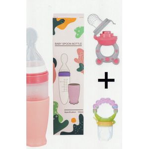 merkloos babyfles met lepel-baby/kinderbestek-100ml-BPA vrij + 2 bijtring/fruitspenen-rose