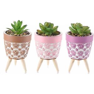 Bloempot met Kunstplanten - Set 3 stuks - Ø 7,5 cm - 13,5 cm hoog - Vetplant - Bruin/Roze/Paars