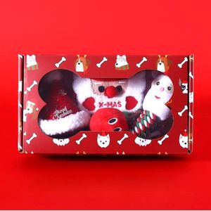 Kerst cadeau box voor honden deLuxe 4-delig met kerstmuts en -bandana/slab, knuffel en kauwspeeltje - kerst - hond - kerstmuts - bandnan - slab