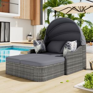 Sun Island, tuinloungeset, PE-rotan met verstelbare luifel, all-weather patio-zonnebed van riet, dubbele loungeset met 4 kussens en afneembare kussenhoes voor tuin, zwembad, grijs