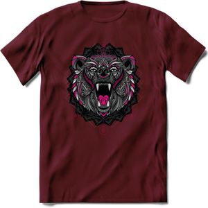Beer - Dieren Mandala T-Shirt | Roze | Grappig Verjaardag Zentangle Dierenkop Cadeau Shirt | Dames - Heren - Unisex | Wildlife Tshirt Kleding Kado | - Burgundy - L