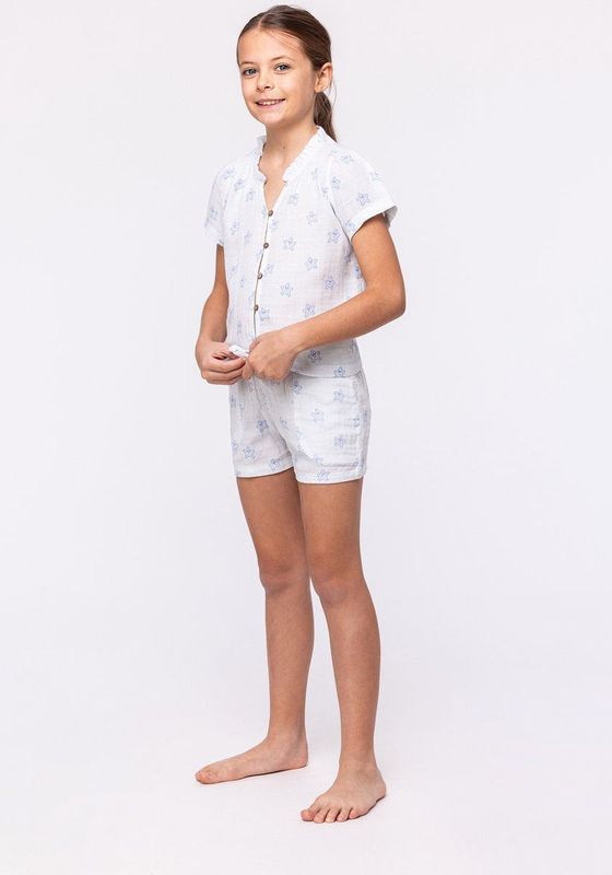 Woody doorknoop pyjama meisjes/dames - blauw - tetra - all-overprint zeesterren - 241-10-WPJ-W/927 - maat 116