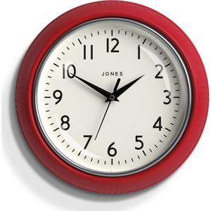 Jones Clocks® Ronde Retro Wandklok - The Ketchup Round Clock - Makkelijk leesbare cijfers, zwarte wandklok perfect als keukenklok, kantoorklok, woonkamerklok - Retro klok 25cm - Mat rood
