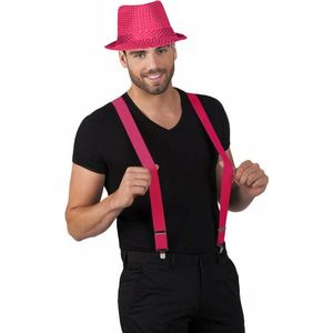 Toppers - Carnaval verkleedset Partyman - glitter hoedje en bretels - fuchsia roze - heren - verkleedkleding